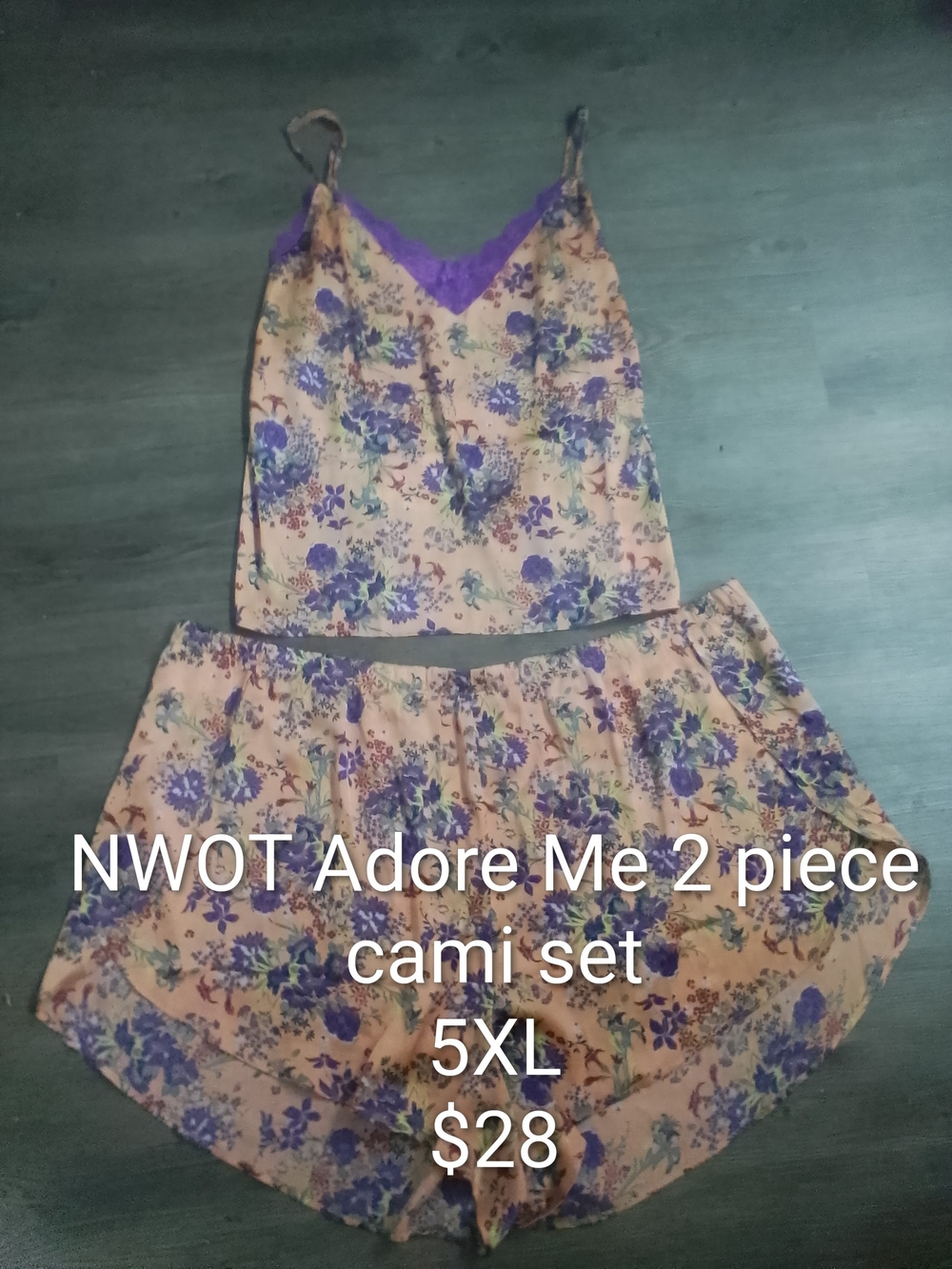 NWOT Adore Me Floral Peach & Purple Lace Trim Cami Set